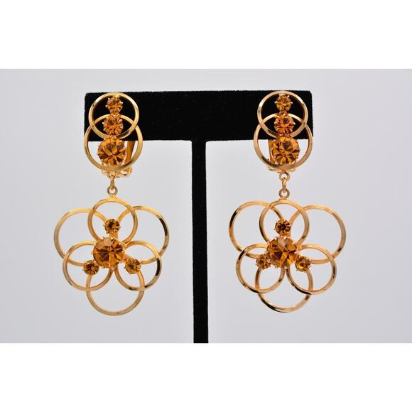 Vintage Crystal Clip Earrings Flower Orange Prong Rhinestone Dangle 1980s BinAO - Picture 1 of 12